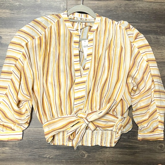 Anthropologie NWT Striped Tie-Front Blouse Balloon Sleeve Boho Top - Size Medium - Picture 5 of 8